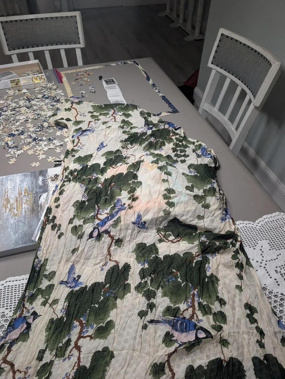 2chic Botanical Blue Bird Cotton Green & Blue Oversized Scarf